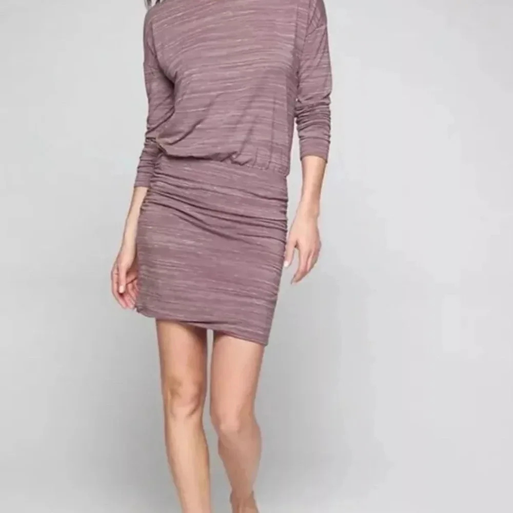 Athleta Odyssey Heather Dusty Pink Ruched Dropwaist Dress Athletic Stretch Small